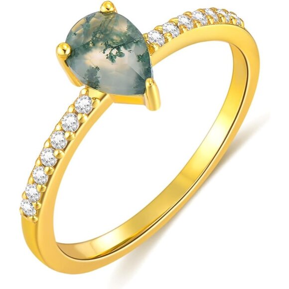 Natura Teardop Moss Agate Rings Gemstone Wedding Engagement Stackable Promise - Picture 1 of 6